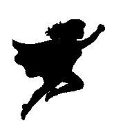 A silhouette of a woman in a cape launching into the sky to save the day